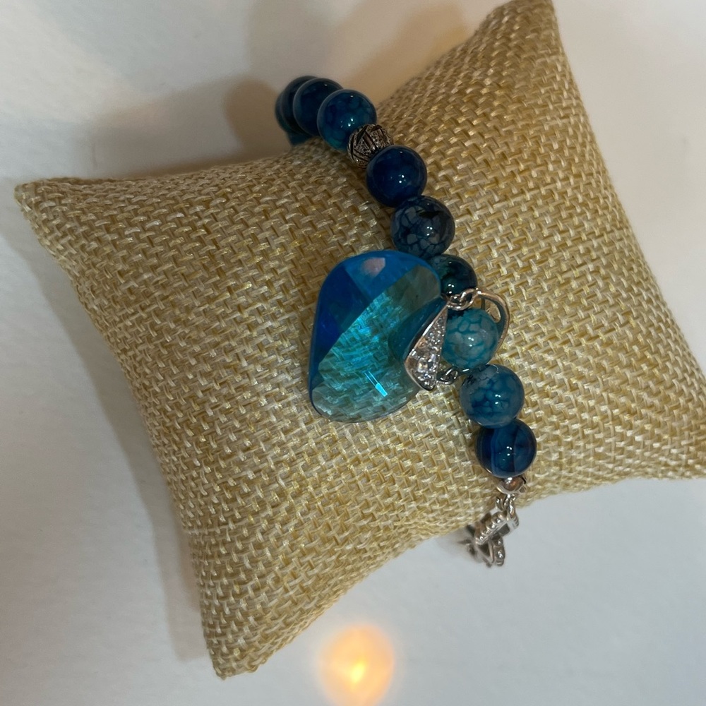 Blue Agate Gemstone Bracelet w/ Swarovski “Purse” Charm & Sterling Silver Clasp